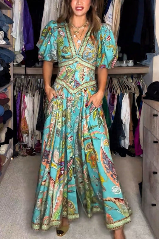 Amelia Quinn | Luftiges Maxikleid mit Puffärmeln und V-Ausschnitt