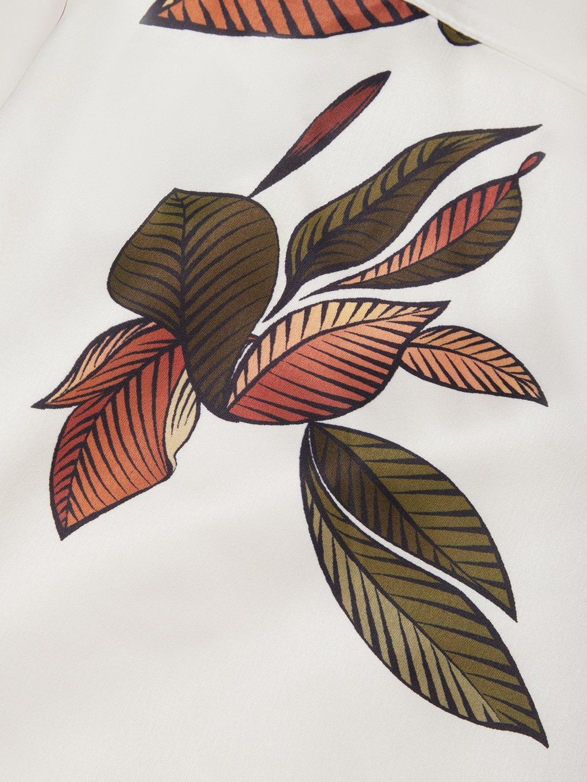 Midi-Kleid aus Satin mit kurzen Ärmeln und weißem Blättermotiv