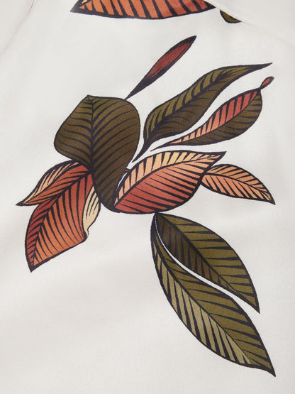 Midi-Kleid aus Satin mit kurzen Ärmeln und weißem Blättermotiv